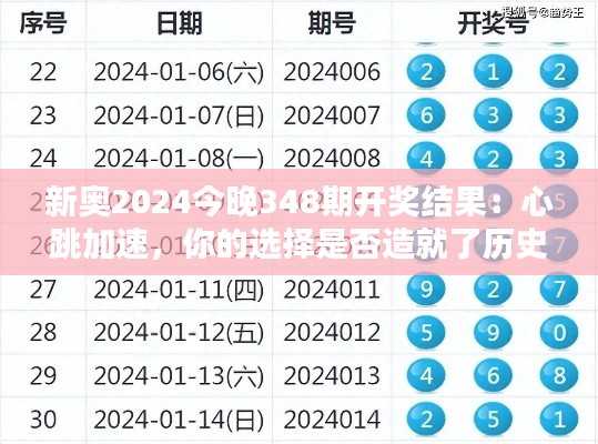 新奥2024今晚348期开奖结果：心跳加速，你的选择是否造就了历史？